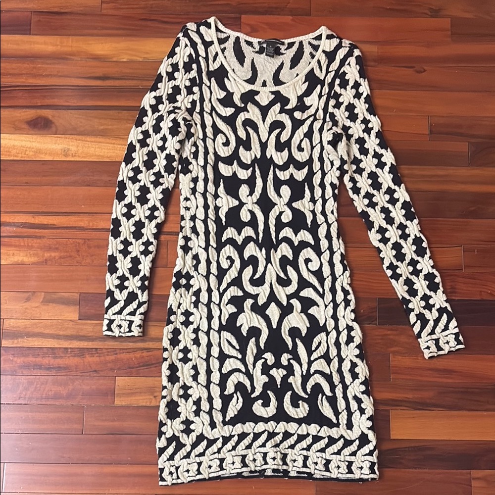 INC International Concepts Black and Cream With Gold Threading Sweater Dress